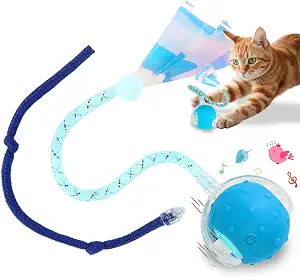 Interactive Cat Toys Smart Ball for Cats & Dogs! Now with 2 Rapid Tails. Features: 360?Auto-Rolling, Motion Activation& Bird Sounds. Perfect for Indoor Pet Exercise & Fun. (Blue)