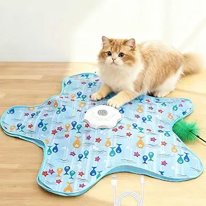 Rechargeable Automatic Cat Toy, 3-Mode Touch-Activated Interactive Toy with Random Motion, Concealed Feather & Squeaky Sound for Indoor Cats & Kittens (Blue)