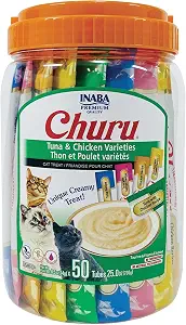 INABA Churu Cat Treats, Lickable, Squeezable Creamy Pur?e Cat Treat with Green Tea Extract & Taurine, 0.5 Ounces Each Tube, 50 Tubes, Tuna & Chicken Variety