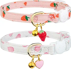 2 Pack Cotton Cat Collar Pink Strawberrie White Heart Cute Kitten Collar