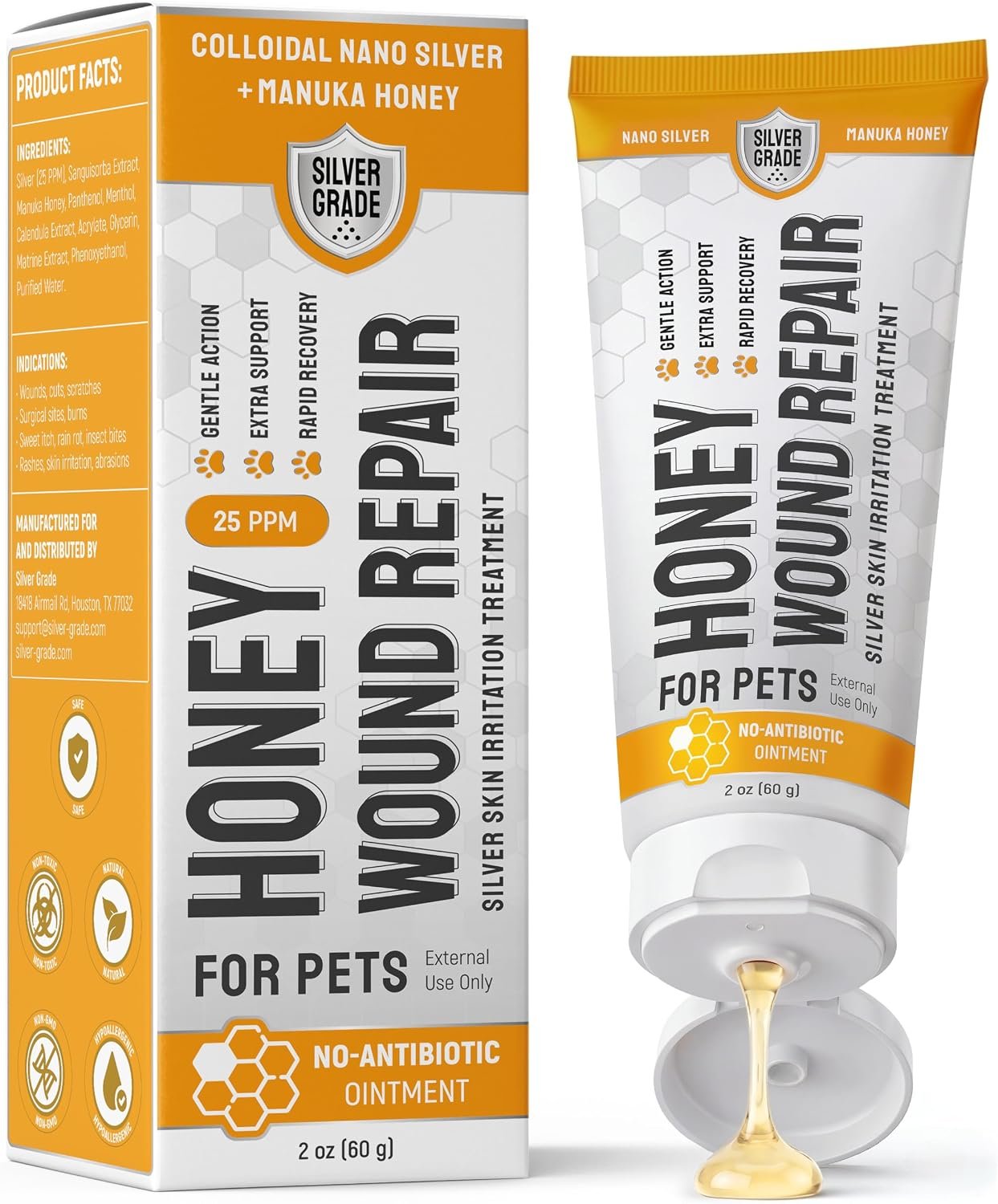 SILVER GRADE Dog Wound Care with Manuka Honey & Colloidal Silver for Scratches & Skin Irritations – Cat & Dog Hot Spot Treatment Gel Works as Honey Rapid Wound Repair for Horses – for All Pets – 2-Oz